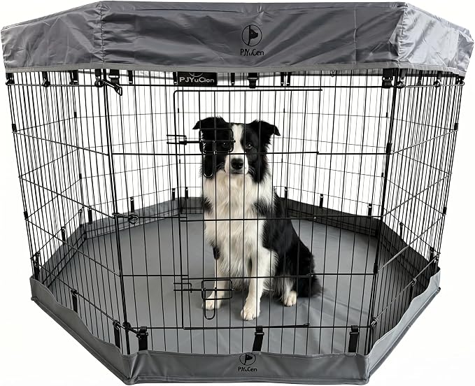 PJYuCien Puppy Playpen with Top Cover & Bottom Pad, 8 Panels 36" H, Gray | 24"W, Medium Pet Safe Sanctuary, Foldable Octagonal Pen, Versatile, Indoor & Outdoor, Backyard Pasture, Protects Floors