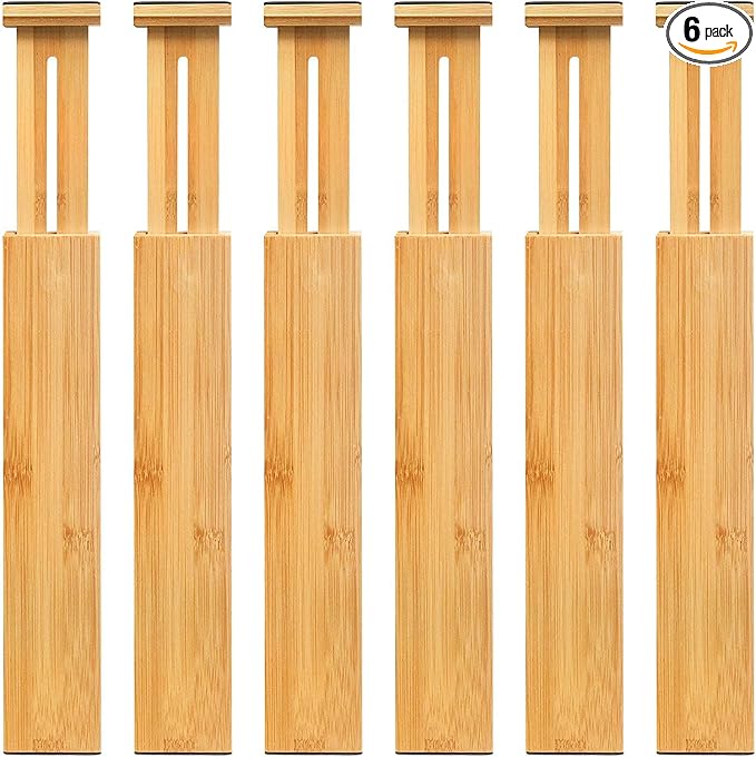 VaeFae 6-Pack Adjustable Bamboo Drawer Dividers, Expandable Drawer Organizer for Kitchen Utensils, Clothes, Bathroom, Office – Fits Drawer Interiors 16.6" to 21.8"