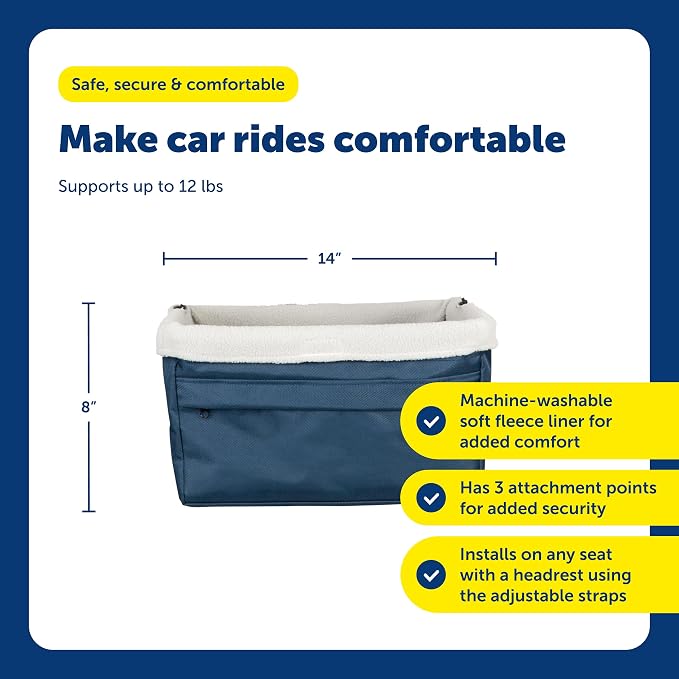 PetSafe Happy Ride Dog Booster Seat, Navy Blue, Up to 12 lb | Raises Small Dogs to Window Height In Most Cars, Connects to Seatbelt with Safety Tether, Fleece Liner Is Machine Washable