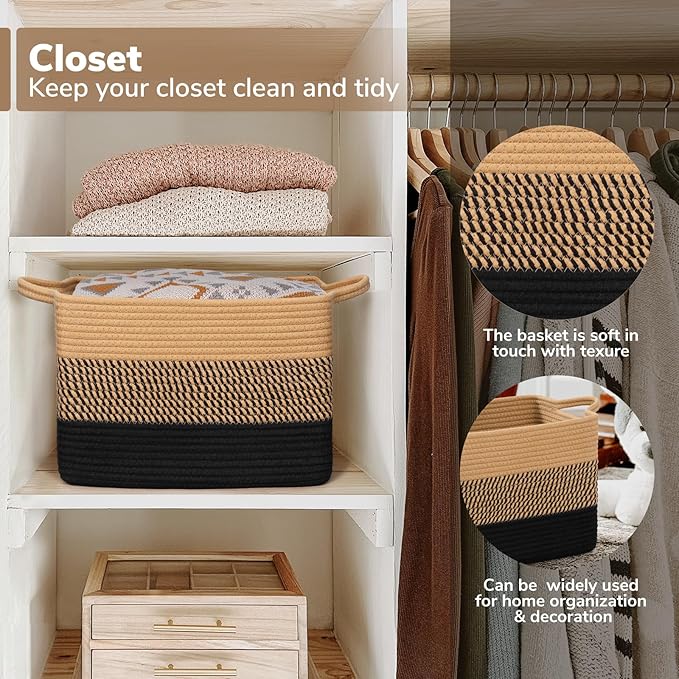 Goodpick Woven Storage Basket for Shelves, 13" x 10" x 9", Black & Jute | Stylish Gift Baskets Empty for Home Decor, Wicker Baskets for Dog Toys, Books & Towels Storage, Shelf & Closet Organization