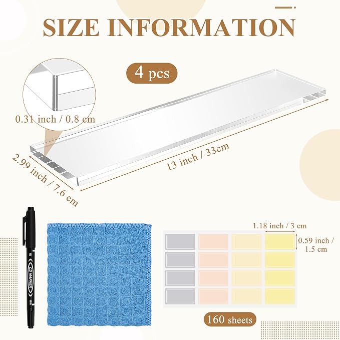 Windspeed 4Pcs 13x3 inch Acrylic Medicine Cabinet Shelf Replacement for Cabinet Medicine Shelf Wall Mounted for Kitchen Living Room Bathroom Organization, with 160 Labels, Pen, Wiping Cloth