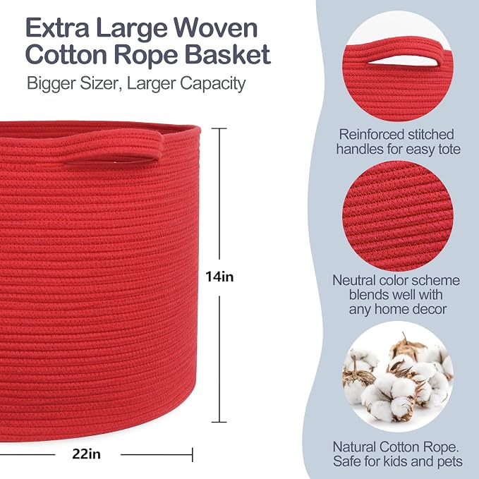 Extra Large Red Basket for Organizing, 22" X 22" X 14" Woven Cotton Rope Bins for Blankets, Baby Nursery Wicker Laundry Basket, Kids Dog Toy Storage Box, Big Red Living Room Decor Organizer