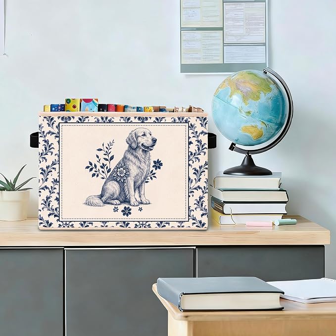 Blue Floral Golden Retriever Storage Bin, Fabric Organizer | Blue floral golden retriever storage bin for toys, books, clothes, pet supplies, shelves, closets, nurseries, and rooms.