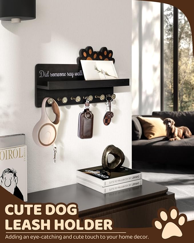 MTERSN Decorative Dog Leash Holder for Wall with Shelf & 6 Hooks, Black | 3D Dog Paw Key Hooks, Unique Back Panel, Key Hanger for Leashes & Keys, Pet Accessories Storage, Gift for Dog Lovers