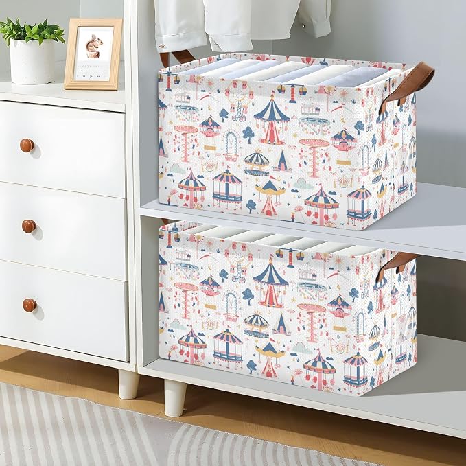 Dreamland Amusement Park Baby Storage Basket with Labels&Handles Rectangular Waterproof Nursery Storage Bins Collapsible Shelf Organizer Baskets for Kids Books Cloth Gift Toys Laundry, 2 Pack