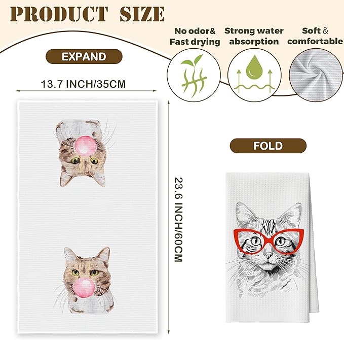Kitchen Towels Set Of 2, Bubble Cat Dish Towel For Kitchen, Funny Glasses Kitten Decorative Hand Towels For Bathroom, Fast Drying Tea Towel, Housewarming Xmas Gifts For Cat Lover Women Mom -B10
