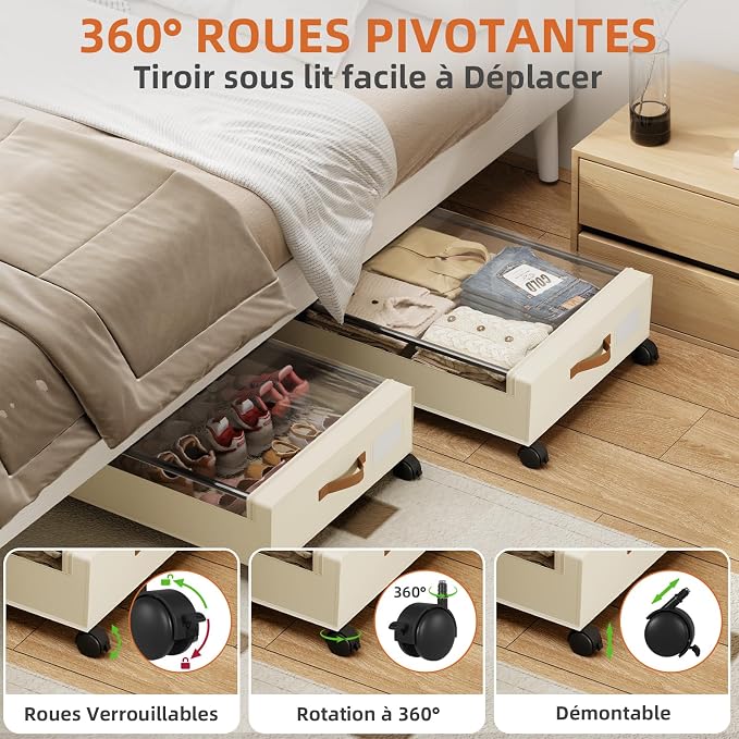 Somdot Under Bed Storage with Wheels, 2 Pack Under Bed Storage Containers | Underbed Shoe Storage Organizer with Clear Lids, Rolling Under The Bed Storage for Clothes, Blankets, Toys, Beige