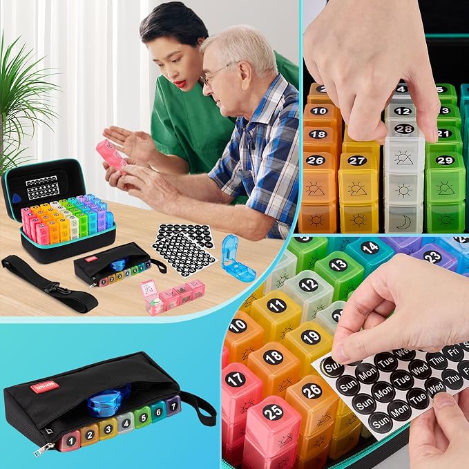 Monthly Pill Organizer, Medicine Organizer Box with Portable Hard Shell and Pill Cutter, 31 Day Pill Holder with Weekly Pill Bag (Green, 4 Times a Day)