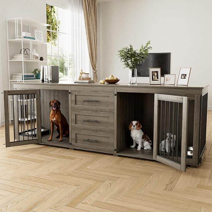 OUYESSIR 94.5" Double Dog Crate Furniture for Medium Large Dogs, Grey | Extra large dog kennel fits 2 Medium or large dogs, 3 Storage Drawers, 4 removable Stainless steel dog bowls, Solid Wood