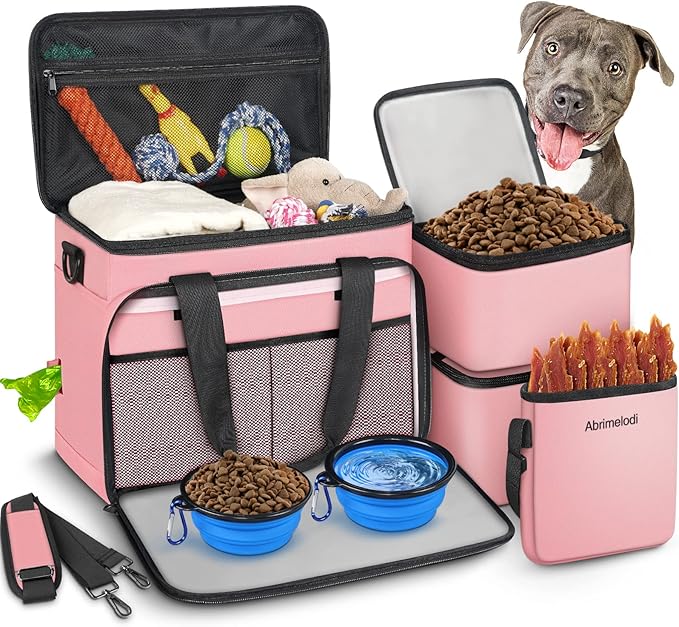 6 Set Dog Travel Bag, Large Pet Travel Kit for Supplies, Pink | Includes 2 Food Containers, 1 Pet Organizer for Dogs, 2 Collapsible Bowls, 1 Treat Pouch, Dog Weekend Overnight Bag Luggage