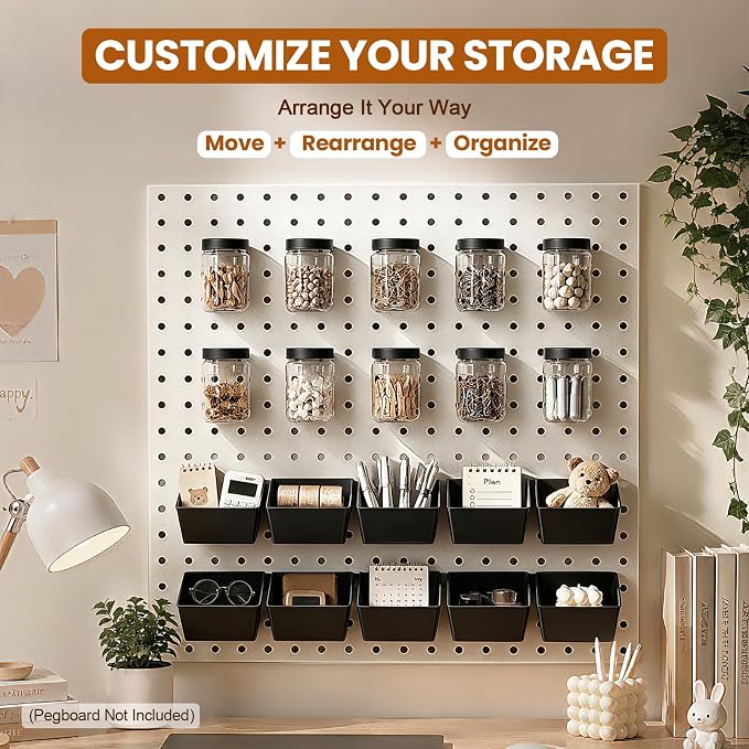 20PCS Pegboard Organizer Accessories, 10 Clear PET Jars with Lids & 10 Open ABS Bins, Fits 1/8” & 1/4” Pegboards, Wall Organizer Set for Garage, Workshop, Craft Room, Office & Home