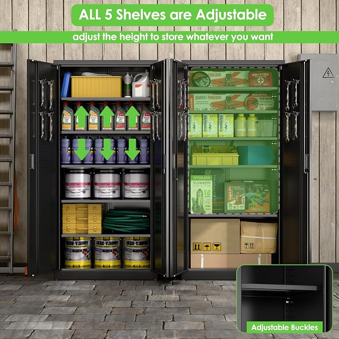 Metal Storage Cabinets with 2 Doors and 5 Adjustable Shelves, 71" H Lockable Garage Storage Cabinet with Pegboard and Hooks, File Cabinet with Lock for Office, Home, Garage, Black
