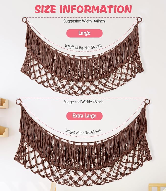 Stuffed Animal Hammock - Extra Large 63'' Long (Chocolate color) | Premium Cotton Hand-knitted, Beautiful Long Tassel, Storage Hanging Organizer, Can Fit Stuffed Animals 40 Piece or More