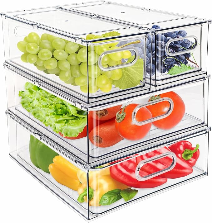 4Pack Stackable Refrigerator Organizer Bins Pull Out Drawer Large Vegetable Fruit Storage for Fridge Organizer Drawers with Handle Clear Food Storage Container Box for Kitchen Pantry Cabinet
