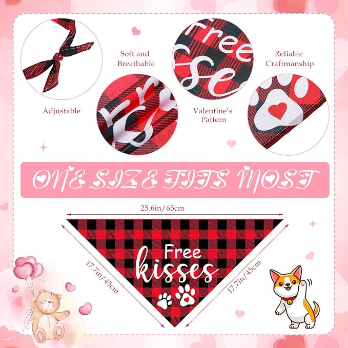 Sanwuta 60 Pcs Valentine's Day Dog Bandanas Bulk Heart Pet Bandanas Adjustable Dog Bibs Triangle Scarf Holiday Costume for Small Medium Pet (Heart Pattern)