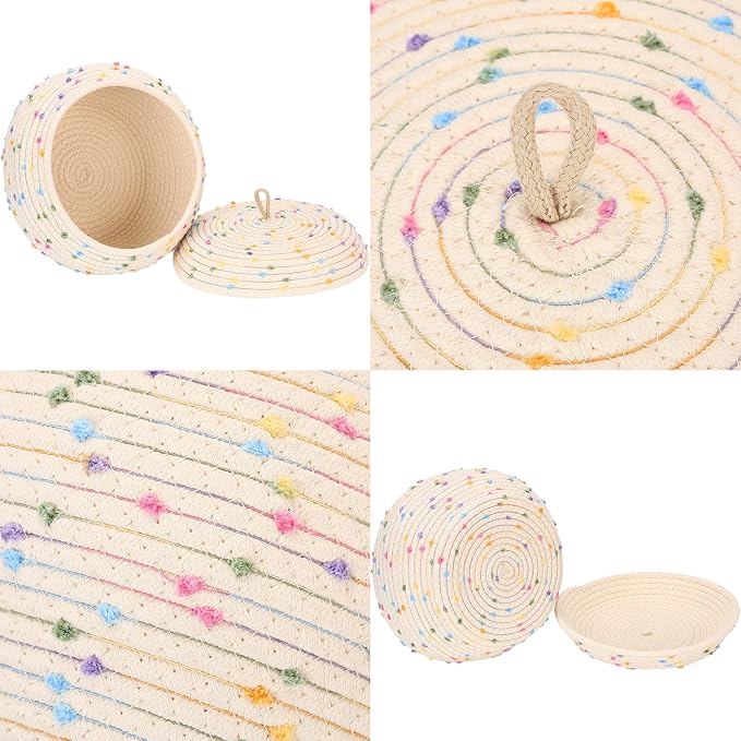 Sea Team Round Woven Cotton Rope Storage Basket with Lid, Rainbow, 2-Pack | Decorative Colorful Pompom Knitted Storage Bin, Pot, Caddy, Organizer, Container for Snacks, Towels, Plants, 10 x 7.5 Inches