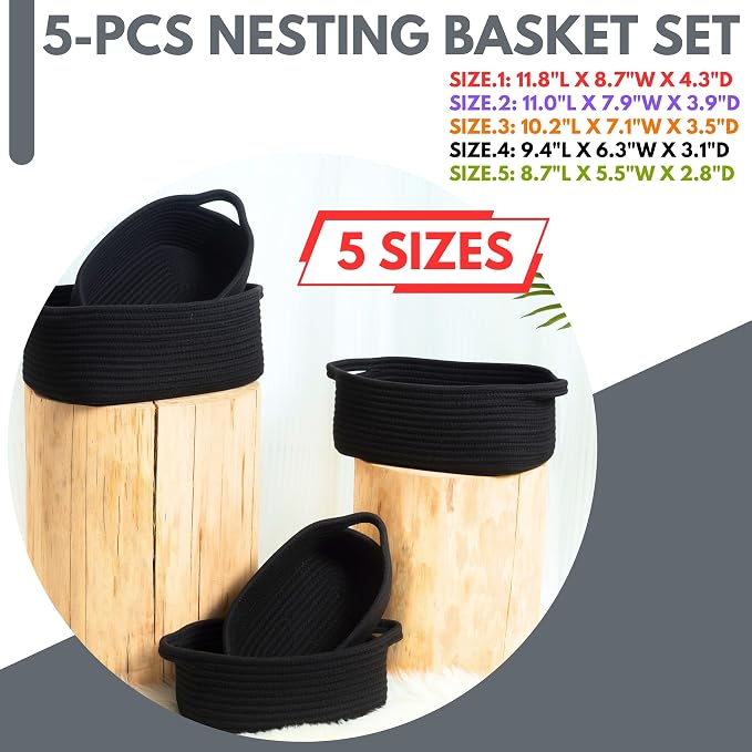 5-Piece Storage Baskets for Organizing, Small Woven Rope Baskets for Storage and Shelves, Dog Cat Toy Basket Box, Pantry Bathroom Organization Bins, Nightstand Organizer, Full Black