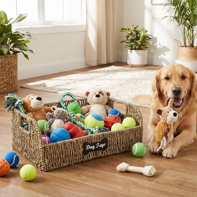 Dog Toy Basket,Wicker Dog Toy Bin with Handles,Farmhouse Puppy Toys Box for Storage,Dog Toy Organizer for Living Room,Bedroom,Entryway, Apartment Home Decor,1 Pack