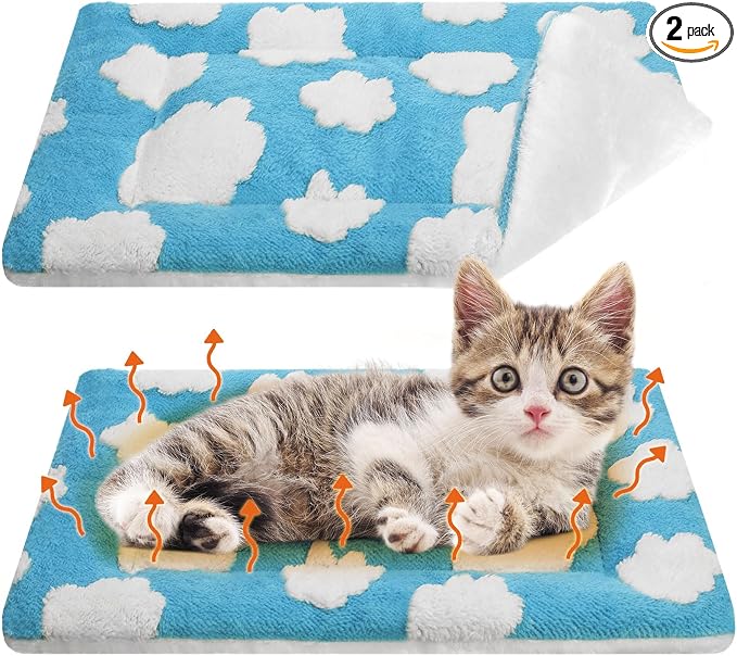 2 Pack Self Warming Cat Mat Self Heating Pad Bed Reversible Machine Washable Reflects Body Heat Warm Thermal Pet Pad Crate Blanket for Feral and Indoor Cat (Blue, White,21" X 14",Clouds)