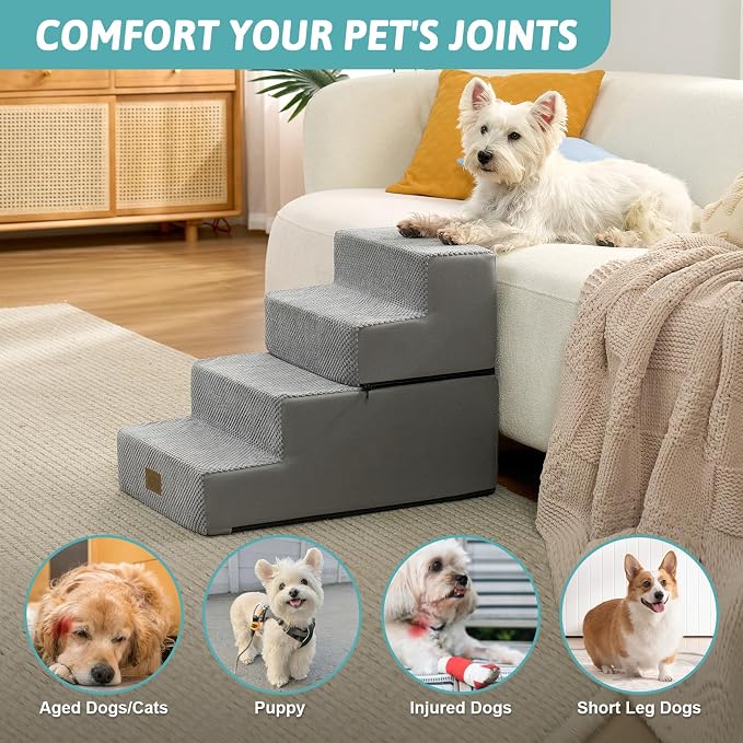 COZY KISS Dog Stairs for Small Dogs, 4 Step Pet Stairs for Beds & Couches | 17.7" H Extra Wide Non-Slip Dog Steps with Removable Tiers & Support Board for Puppies, Older Cats & Dogs, Grey