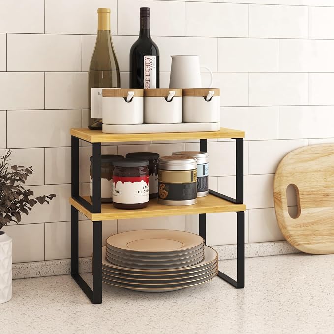 Kitchen Cabinet Organizer Shelf Set of 4, Sturdy Kitchen Counter Shelves with Metal Legs, Stackable Expandable Wood Spice Rack Pantry Cupboard Dish Mug Cup Storage Organizer Shelf,Black+Bamboo
