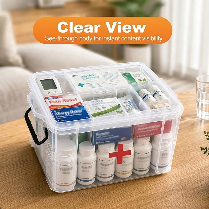 15QT Clear Medicine Organizer Box with Handle, Plastic Dorm Medicine Box with Tray, Empty First Aid Boxes, Thickened Medicine Storage Organizer, Multipurpose Medication Organizer Storage, Clear
