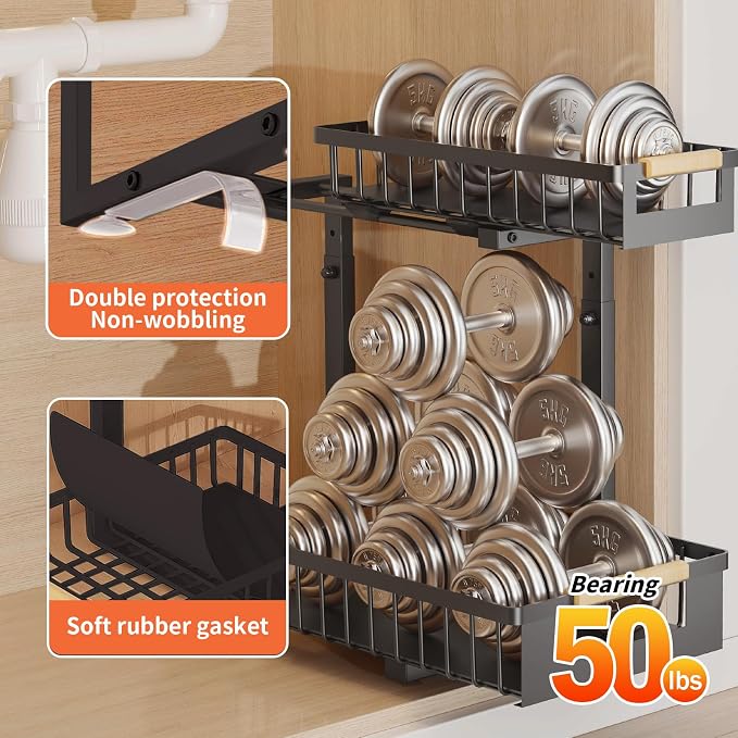 Under Sink Organizer, 2-Tier Slide Out Under Cabinet Storage for Kitchen/Bathroom, Adjustable Double Layer Under Sink Drawers, Space Saving Inder Sink Organizer for Cleaning Supplies(Black,2 Packs)