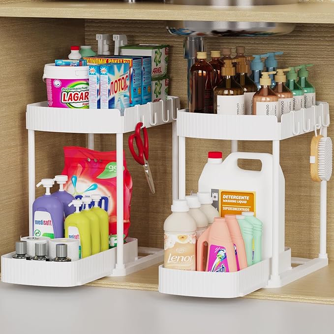 2 Packs Under Sink Pull-Out Storage Organizers, 14.8 Inches, White | Multi-Purpose Cabinet Organizers and Storage for Bathroom & Kitchen