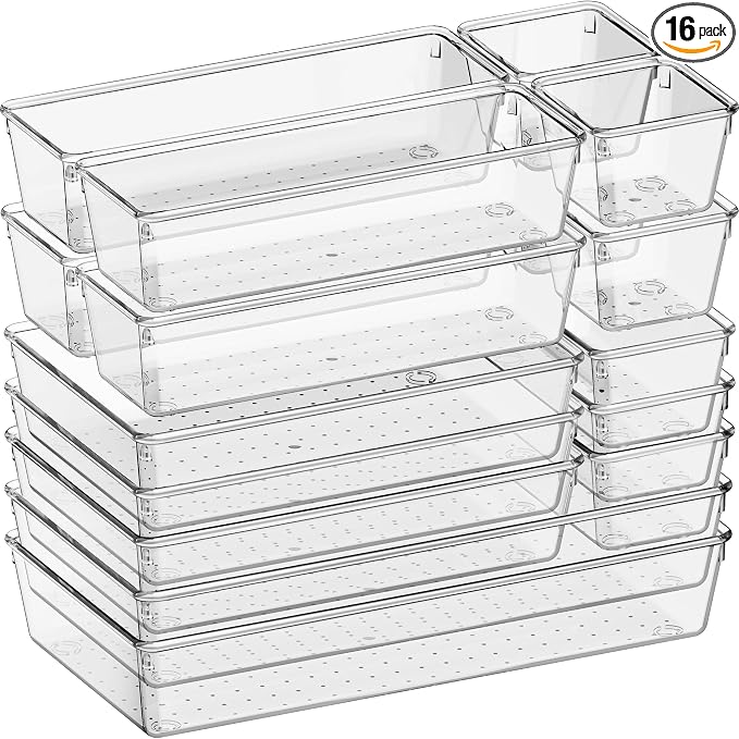 16 Pack Large Clear Plastic Drawer Organizer Bins - 5 Size Acrylic Bathroom and Vanity Organizers and Storage Trays for Makeup Office Home, Kitchen Drawer Organizer for Utensils, Gadgets