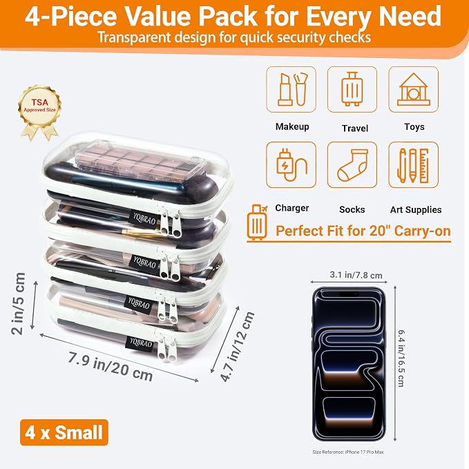 YQBRAO Clear Hard Shell Zipper Cases, 4 Small Cable Organizers, White | Rigid 1.2 mm PET and YKK dual zippers for cosmetics, charging cords, pens and travel accessories