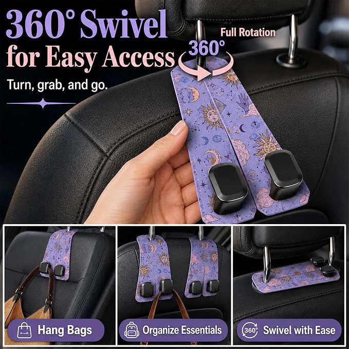 2 Pack Sunflower Car Headrest Hooks for Purses Bag Seat Back Hanger | Sunflower Car Accessories Metal Hook, Floral Gifts for Women, PU Leather Double Hook for Backseat Organizer