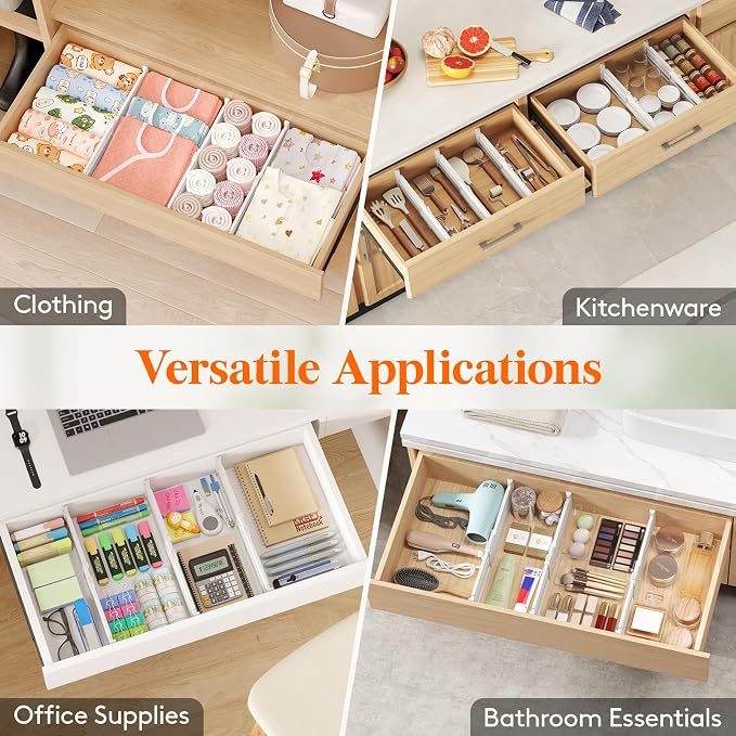 Lifewit 5 Pack 4" High Drawer Dividers, Adjustable Drawer Organizer Clothes | 10.5"-16.5" Expandable White Plastic Separators for Dresser, Kitchen, Cabinet, Nursery, Office, Socks & Underwear Storage