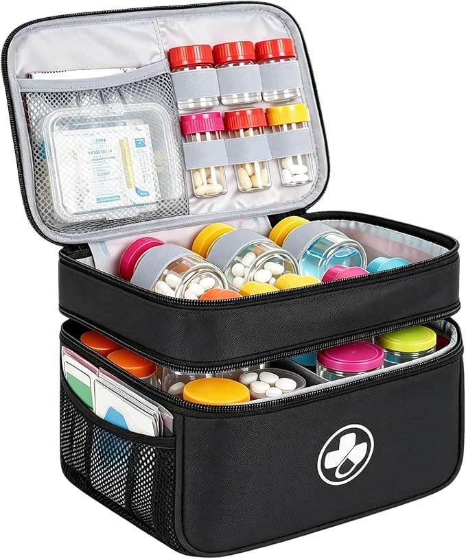 Dual Layers Medicine Organizer, Lockable Travel Pill Bag, Black | Adjustable dividers for neat pill organization. Durable zippers & portable design suit daily use, travel or first aid kit