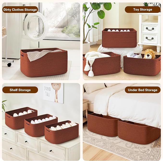 3 Pack Large Storage Basket for Organizing, 17.5"x13"x7" Woven Basket for Shelves, Closet Cube Storage Bins with Wrapped Handle, Cotton Rope Baskets for Kitchen, Clothes, Toys(Oxide Red)