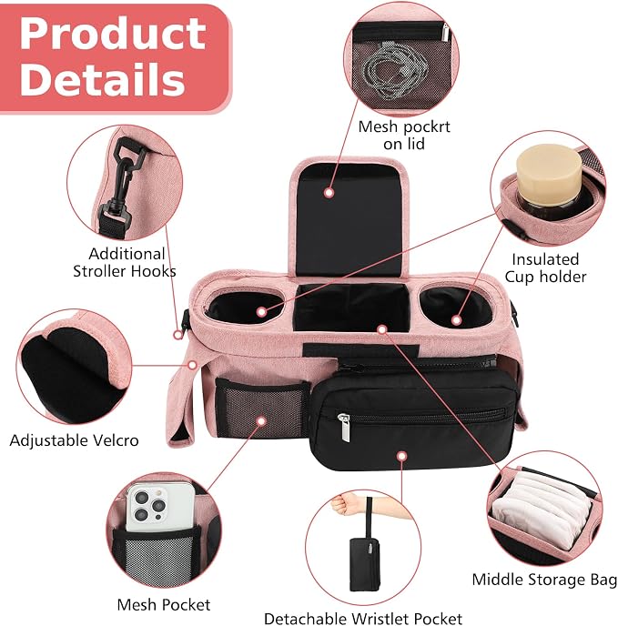Accmor Universal Stroller Organizer with Insulated Cup Holder Detachable Phone Bag and Shoulder Strap,Stroller Bag Caddy Organizer for Uppababy, Baby Jogger, Britax Strollers