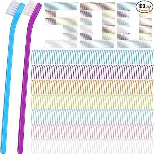 Tioncy 100 Pcs Small Dog Toothbrush Bulk Pack Long Handle Pet Toothbrushes with Soft Bristles, Dental Care Teeth Cleaning Kit for Small Breed Dogs, Cats, and Puppies (7 Colors)