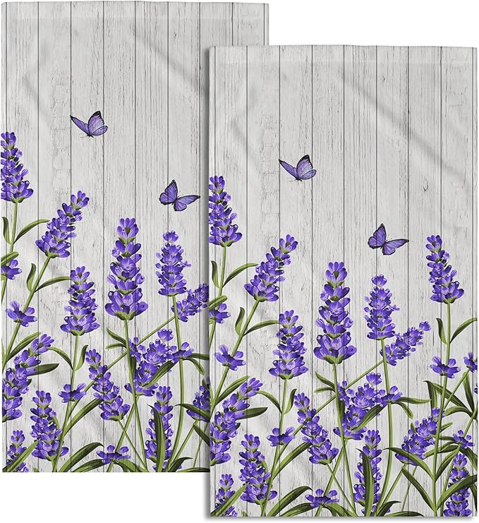 Giwawa Purple Floral Hand Towels Lavender Flowers Set of 2 Soft Guest Face Towel Bathroom Decorations Thin Kitchen Dish Towels 14x28 in