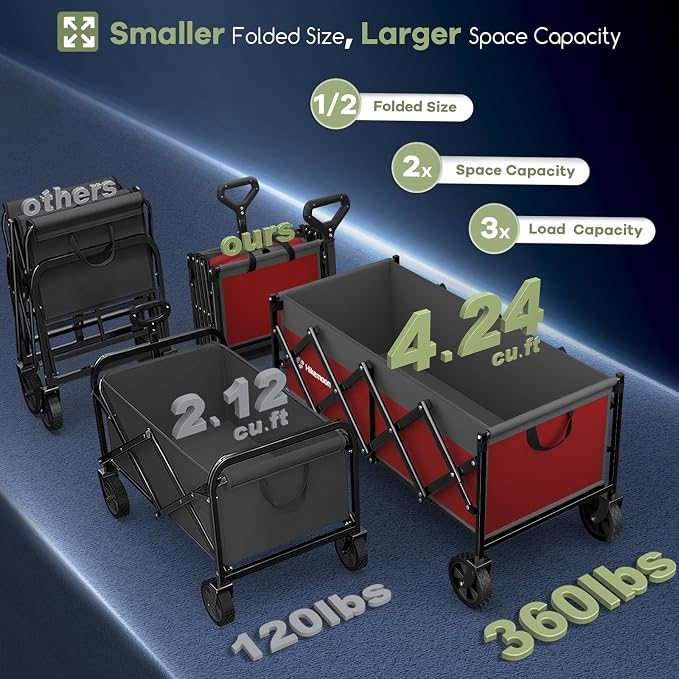 34'' Extra Long Folding Portable Wagon, 120L 360LBS Red & Grey | Wagons Carts Foldable, Heavy Duty, Collapsible Compact Storage, Utility for Shopping/Grocery/Garden/Camping/Sports