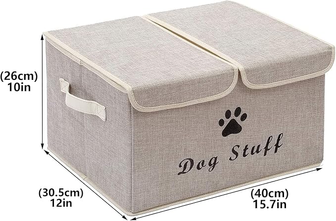 Large Storage Boxes - Large Linen Fabric Foldable Storage Cubes Bin Box Containers with Lid and Handles for Dog Apparel & Accessories, Dog Clothing(Beige)