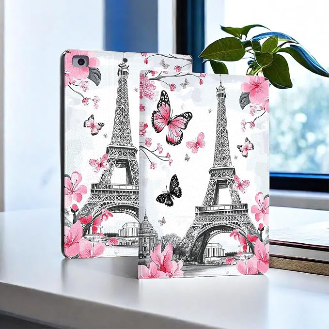 for Microsoft Surface Pro X/Pro X Plus-13 2019/2020/2021/2024 Tablet Case,Auto Wake/Sleep,Adjustable Stand Protective Cover - Eiffel Tower Sakura Butterfly