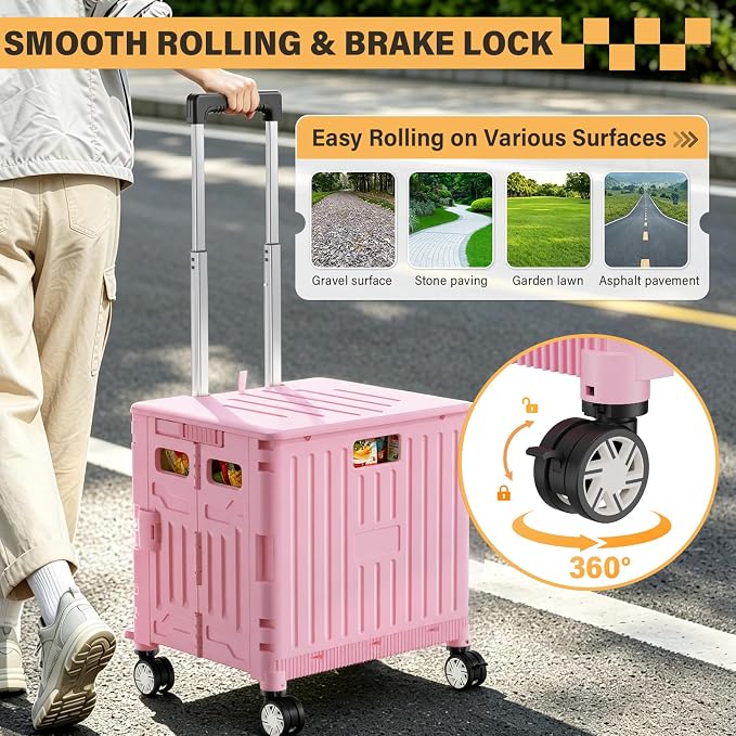 SUNALLY Folding Utility Cart Rolling Crate Handcart Shopping Trolley, Pink | Lockable Collapsible Tool Box with Lid, Rolling Crate With Wheels for Grocery, Travel, Garden, Shop, Office, Luggage, Teacher