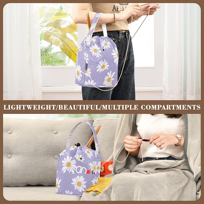 Fustylead Cute Daisy on Light Purple Background Yarn Crochet Tote Basket, Large Knitting Drawstring Organizer Yarn Storage Bag for Crocheting Project, Sewing Supplies, Yarn Balls, Needles