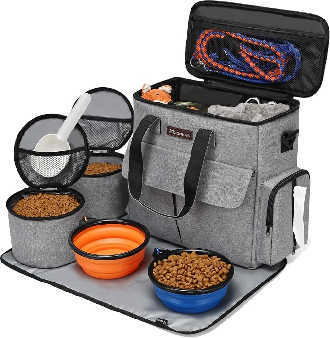 Modoker Weekend Dog Travel Bag Set with 2 Food Bags, 2 Bowls and Mat, Grey | Dog Travel Accessories Organizer for Camping and Road Trips with Roomy Storage, Multiple Pockets and Water-Resistant Oxford