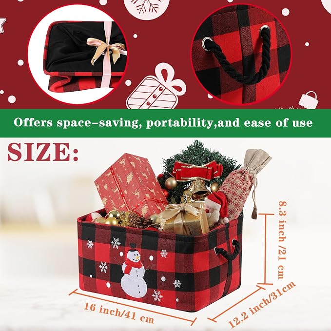 Christmas Baskets, Large Red Buffalo Plaid Collapsible Storage Basket with Handles, Empty Holiday Gift Basket for Toys, Blankets, Baby Items and Christmas Home Decorations