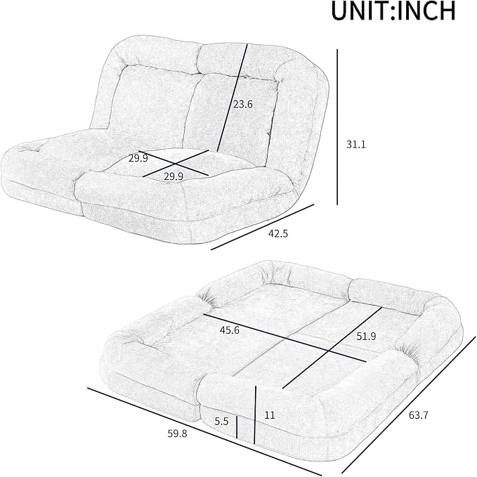 Convertible Fold-Out Lazy Sofa Bed - Adjustable Human Dog Bed for Adults, Plush Upholstered Adjustable Sofa Couch with 18-Position Backrest, 2-Person Floor Sofa Bed, Space Saving Design