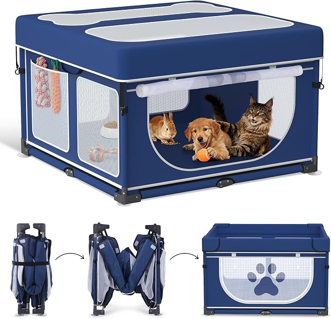 LOOBANI Foldable Dog Playpen with Cover, 1 Min Setup, 43.3"x43.3"x27.1" | Blue Pet Puppy Playpen Indoor, Sturdy Reinforced Steel/Iron Frame, Portable Whelping Box For Home Dog Cat Rabbit, Patented