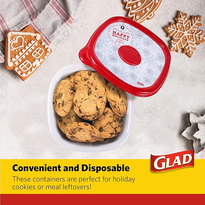 Glad GladWare Holiday Food Storage Containers, Large Square, 42 Oz, 3 Count | BPA-free plastic, reversible gift tags included, microwave, freezer, and dishwasher safe, 42 oz, gifting