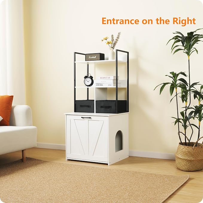 Dwanton Cat Litter Box Enclosure, 2 Storage Shelves and 2 Drawers, 50" H | 2-in-1 Hidden Cat Litter Box Enclosure Furniture with Shelf, Metal Frame, Reversible Entrance, Washable Drawers, White