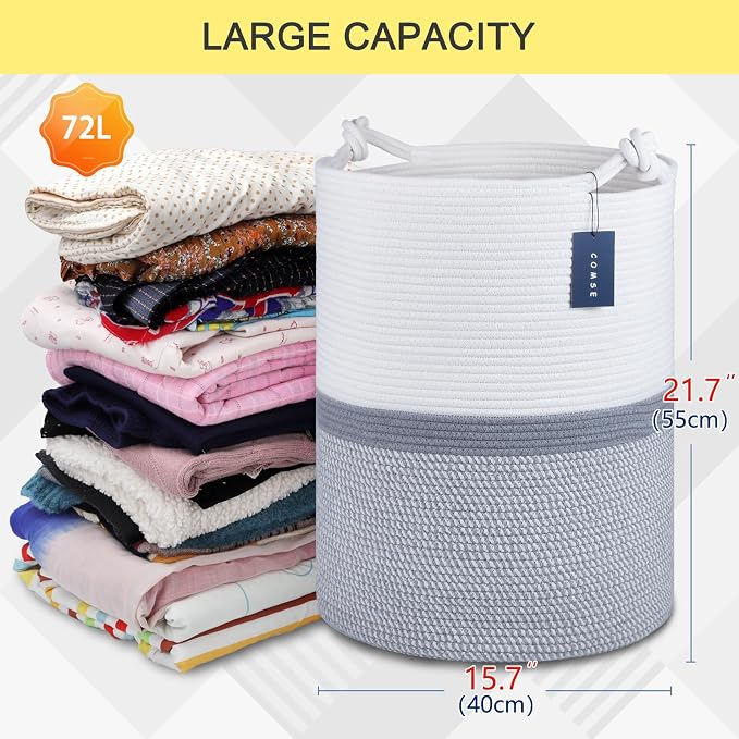 COMSE Tall Woven Blanket & Laundry Basket, 72L, Blend White & Gray | 15.7”x 21.7”, Cotton Rope, Large Nursery Hamper for Storage of Toys Clothes Towels, Great for Living Rooms Bedrooms Bathrooms