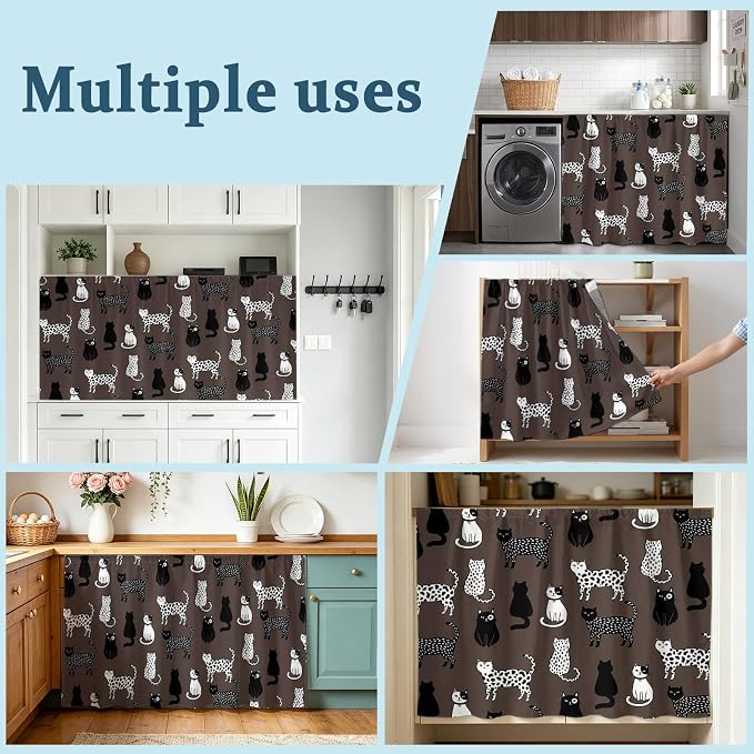 Cat Animal Cabinet Curtain 32"Wx55"L, Dustproof Pantry Door Curtain with Self Adhesive Tape, Black White Earthy Tone Vintage Pet Tall Storage Cover Privacy Drape for Bathroom Kitchen Laundry Room